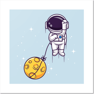 Cute Astronaut Flying With Moon In Space Cartoon Posters and Art